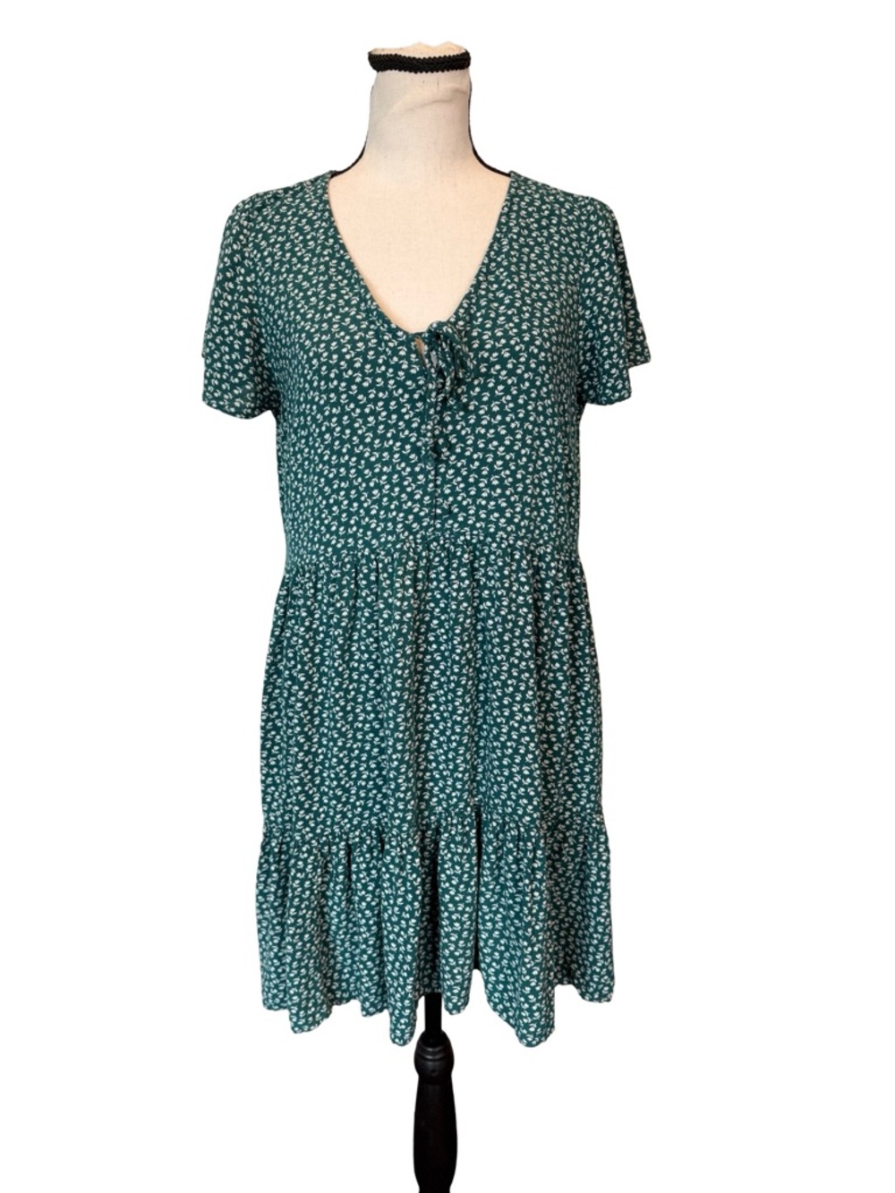American Eagle Floral Mini Dress Womens Green Tiered Tie Front Cottagecore